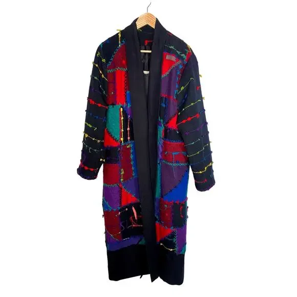 RARE! Vintage 90s COOGI Mens S Woven 3D Sweater Coat Long Duster Cardigan Black - Picture 16 of 16